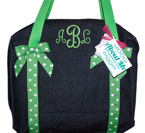 Monogrammed Small Denim Duffel with Green Trim