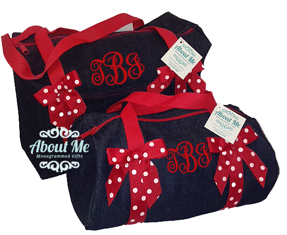 Monogrammed Small Denim Duffel with Red Trim