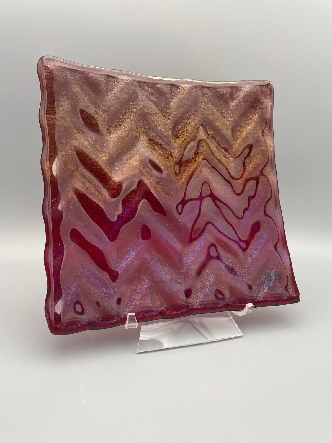 "Iridized Red HERRINGBONE" 7.5-inch Fused Glass Plate
