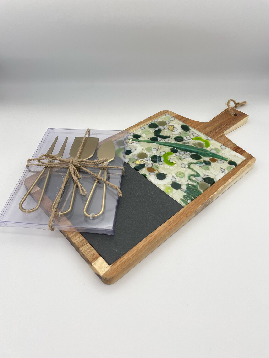 Fused Glass, Slate, and Acacia Wood Cheese Board Set