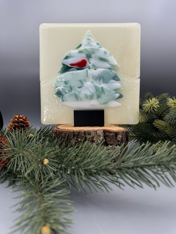 Peaceful Winter Panel with Cardinal and Wood Base