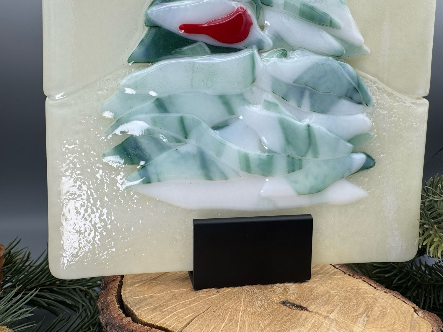 Peaceful Winter Panel with Cardinal and Wood Base