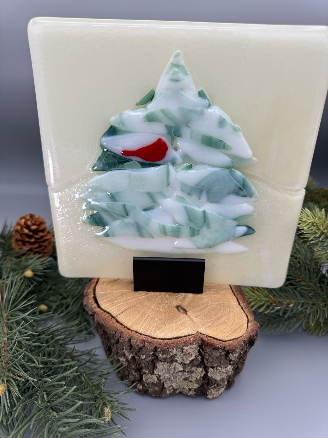 Peaceful Winter Panel with Cardinal and Wood Base