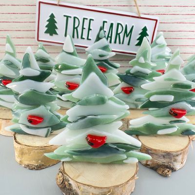 Snowy Tree with Cardinal in Wooden Base