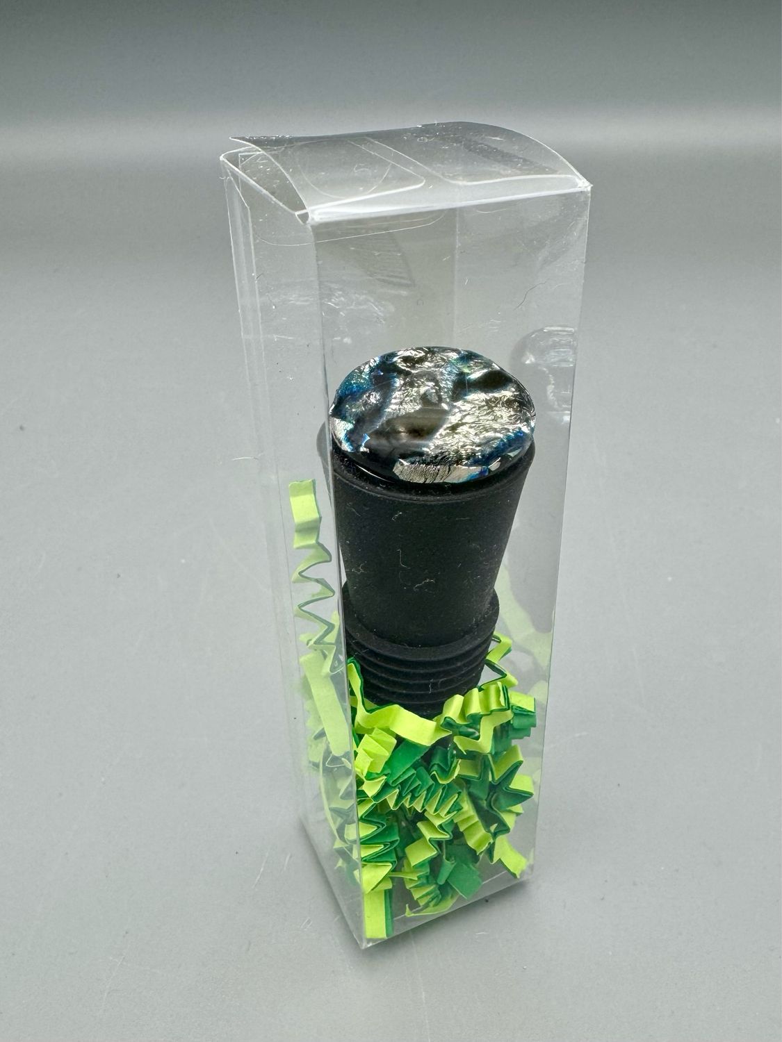 Silicone Wine Bottle Stopper -- Dichroic Blue and Green Crackle
