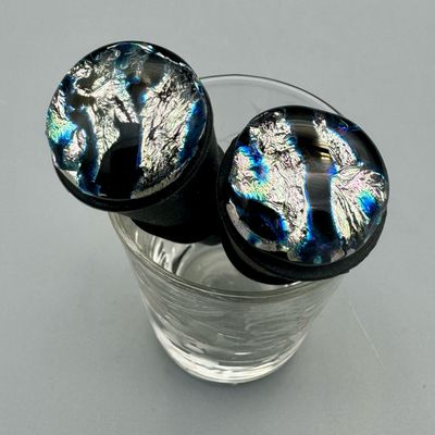 Silicone Wine Bottle Stopper -- Dichroic Blue and Silver Crackle