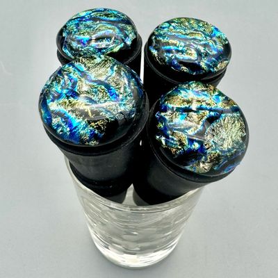 Silicone Wine Bottle Stopper -- Dichroic Blue and Green Crackle