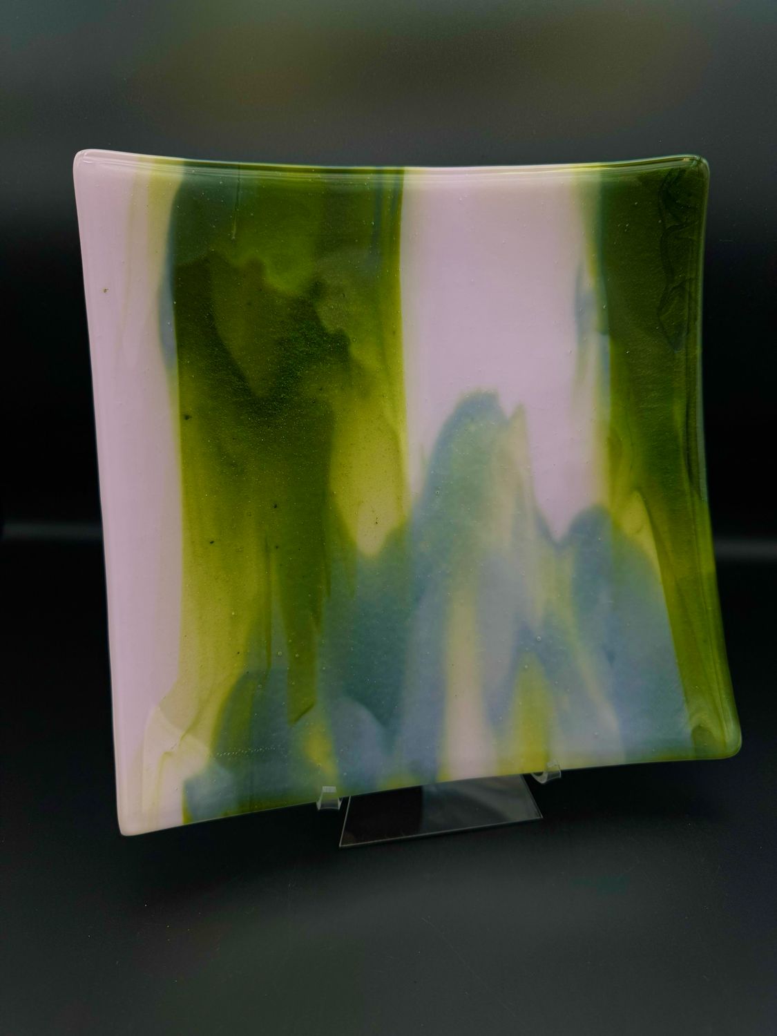 &quot;Wicked&quot;-Inspired Petal Pink and Glittery Green Fused Glass Platter