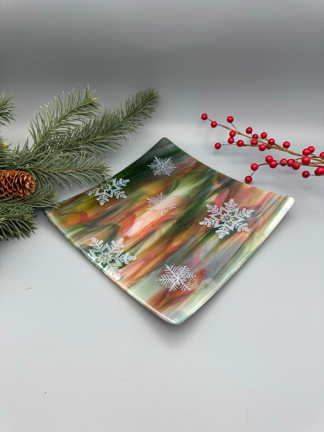 Wintery Silver Snowflake Fused Glass Platter