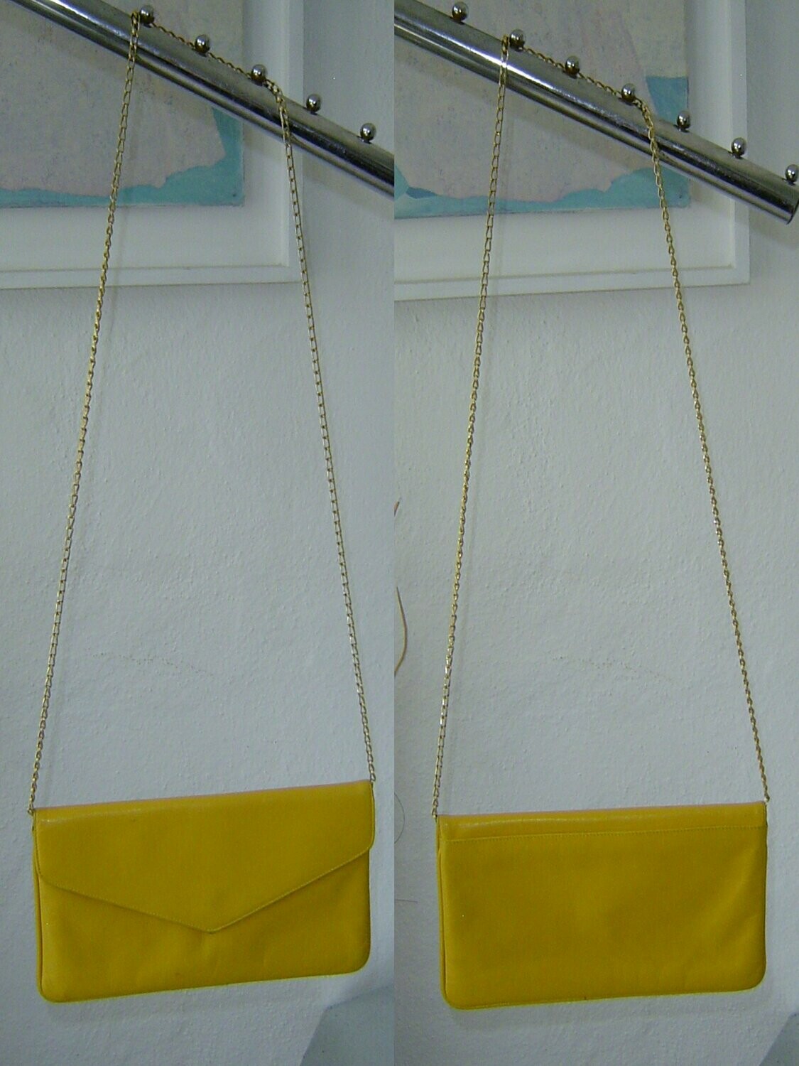 VINTAGE Damen Handtasche flach gelb 24cm x 14cm x 1cm Leder Kettenriemen