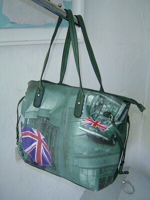 lookat Damen Handtasche groß 36x31x13cm grün mit England Motiv