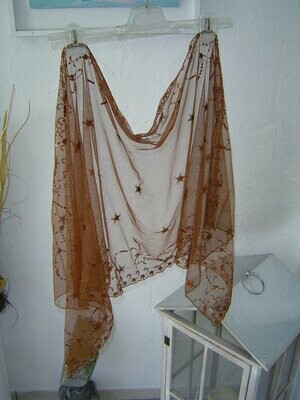 Damen Tüll Schal weich braun transparent bestickt Pailletten Tuch 173cmx60cm