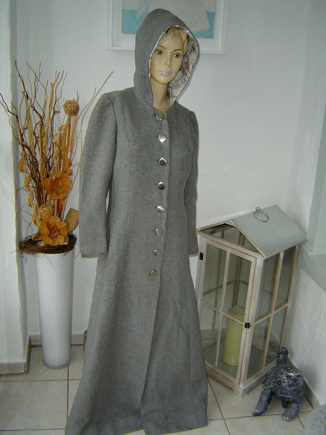 Damen Mantel Gr. 36 grau lang Kapuze handgefertigt VINTAGE 70er Jahre