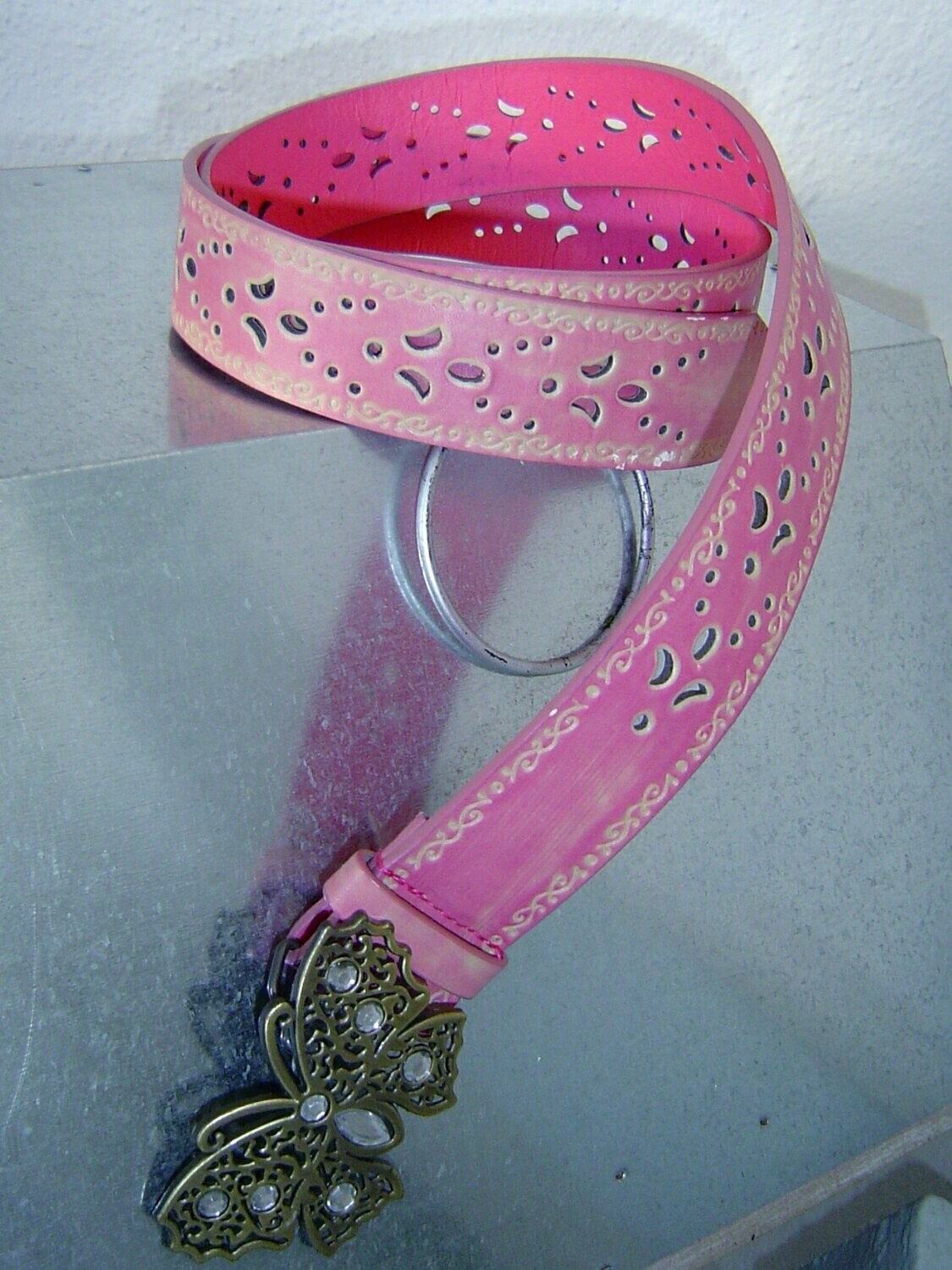 Damen Mädchen Gürtel Kunststoff BW 95cm Breite 4cm rosa Schnalle  Schmetterling
