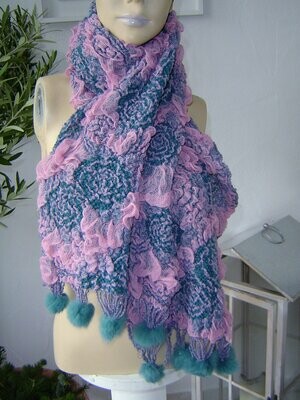 Damen Schal türkis rosa 20% Wolle mit Tierfell Puscheln flauschig weich 180x30cm