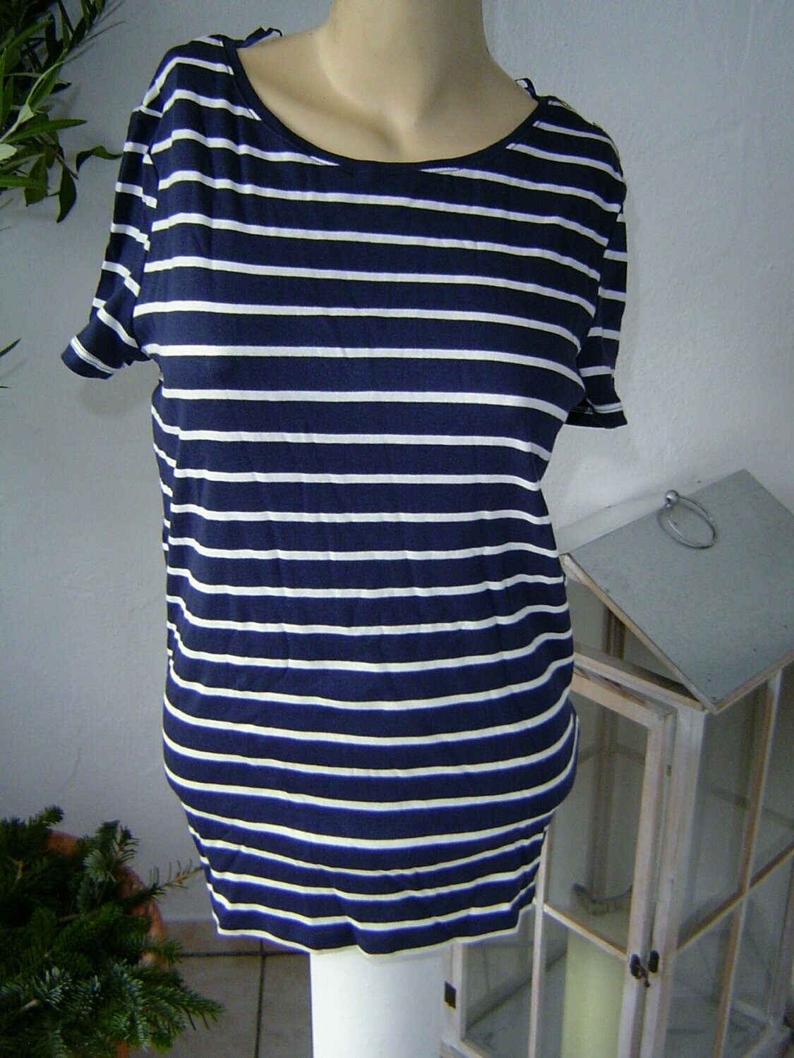 Esprit Damen T-Shirt Gr. 38, 40 (L) blau weiß gestreift stretch Baumwolle