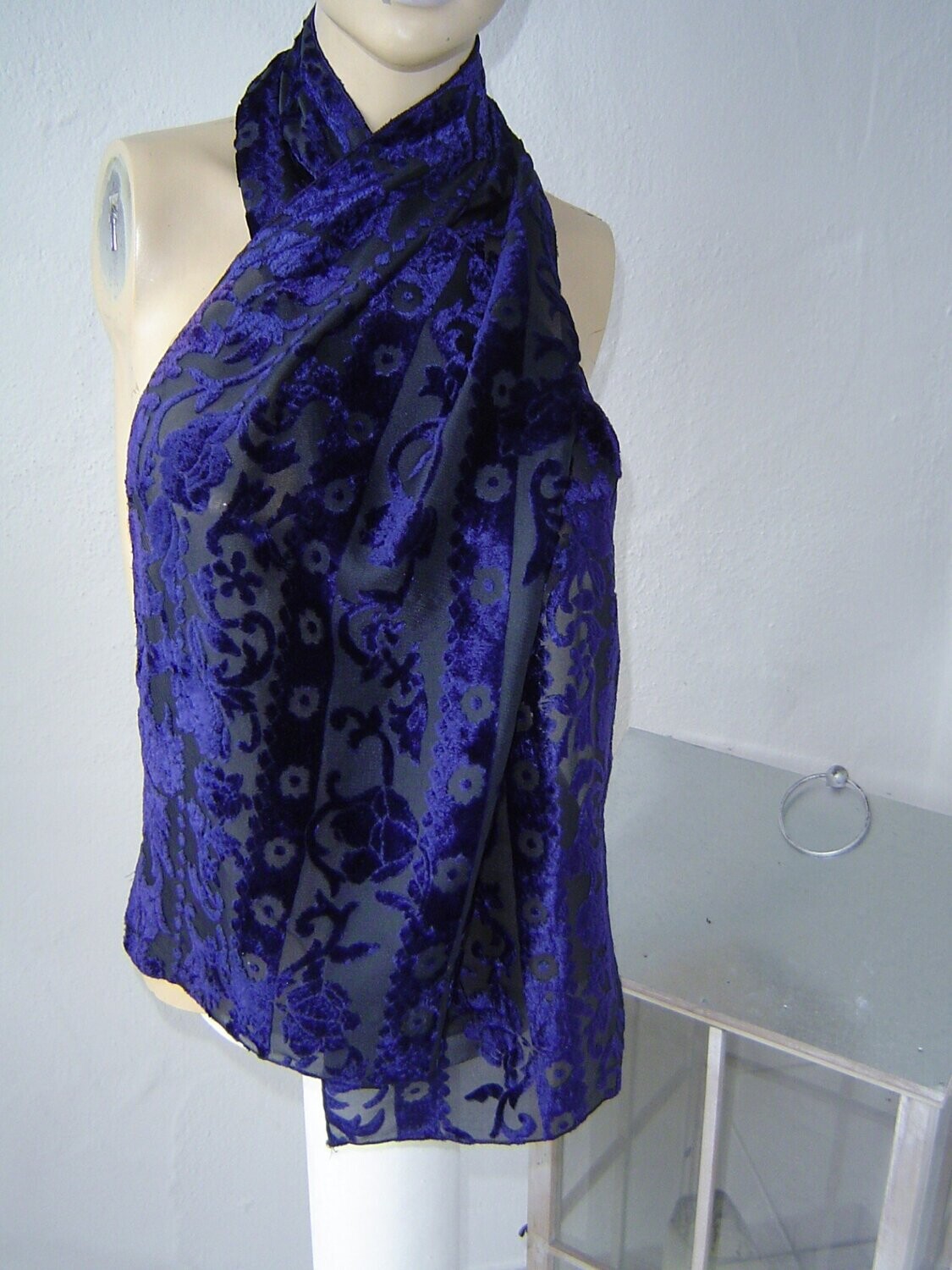 Damen Samt Schal dunkelblau Ausbrenner Samt Floral 144cmx30cm