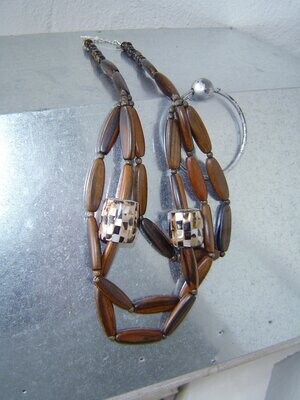 Damen Holzkette braun Perlmuttmosaik Holzperlen Halskette