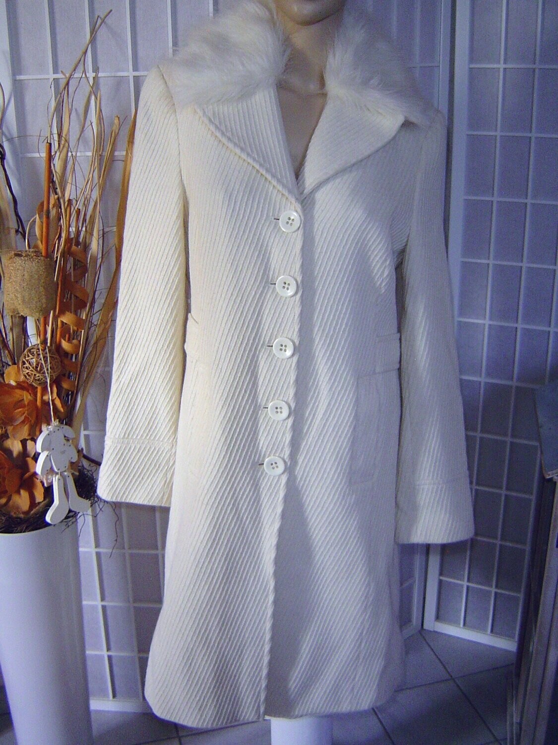 More & More Damen Mantel Gr. 40 beige Kunstfell Kragen 70% Wolle