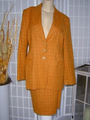 Damen Kostüm Gr. 38 orange kariert 2tlg. Rock Blazer Schurwolle Made in Austria