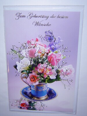 bezaubernde Geburtstagskarte - rosa blau - Blüten in Tasse