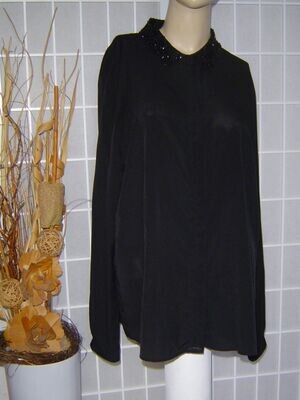 JETTE Damen Bluse Gr. 46 schwarz semitransparent Kragen mit Glasperlen