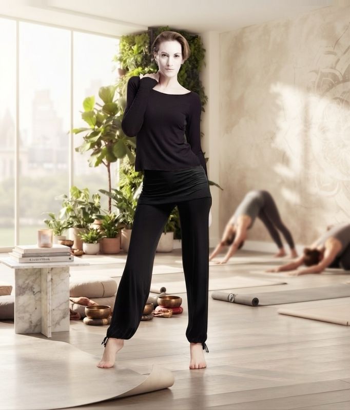 BABY Damen Tanz- & Yogahose mit Rock | Temps Danse Erwachsene Frau beim Yoga in der schwarzen Yoga- und Tanzhose BABY mit integriertem Rock von Temps Danse