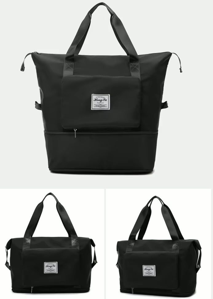Schwarze Hong Fu Reisetasche in drei Ansichten mit praktischer Trolley-Schlaufe und Fronttasche