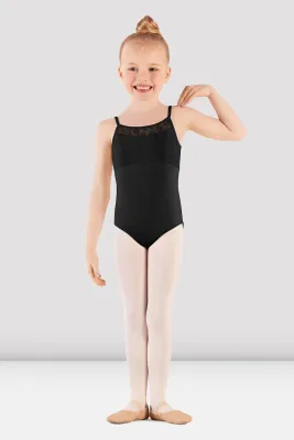 BLOCH/Mirella M1252C Kinder Trikot SCHWARZ Schwarzes Mirella Kinder-Trikot M1252C von BLOCH mit floralem Spitzeneinsatz im Brustbereich und dünnen Trägern.
