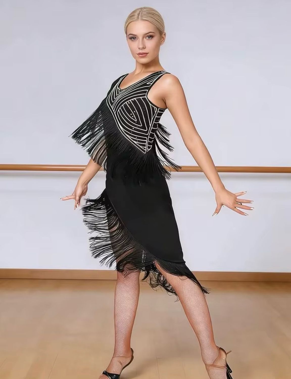 Alika Asymmetrisches Fransen-Lateinkleid für Salsa und Tango, Pailletten-Ballsaal-Tanzkostüm für Damen Dancecode