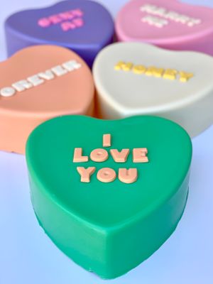 Retro heart smash cakes with custom messages for Valentines Day in Sydney
