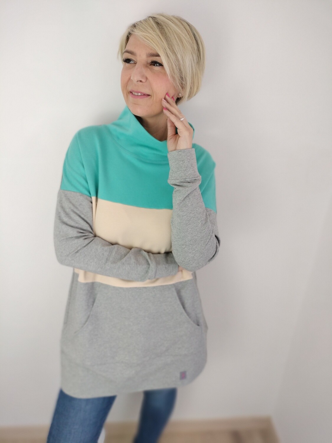 SWEET pulóver türkiz/bézs/szürke