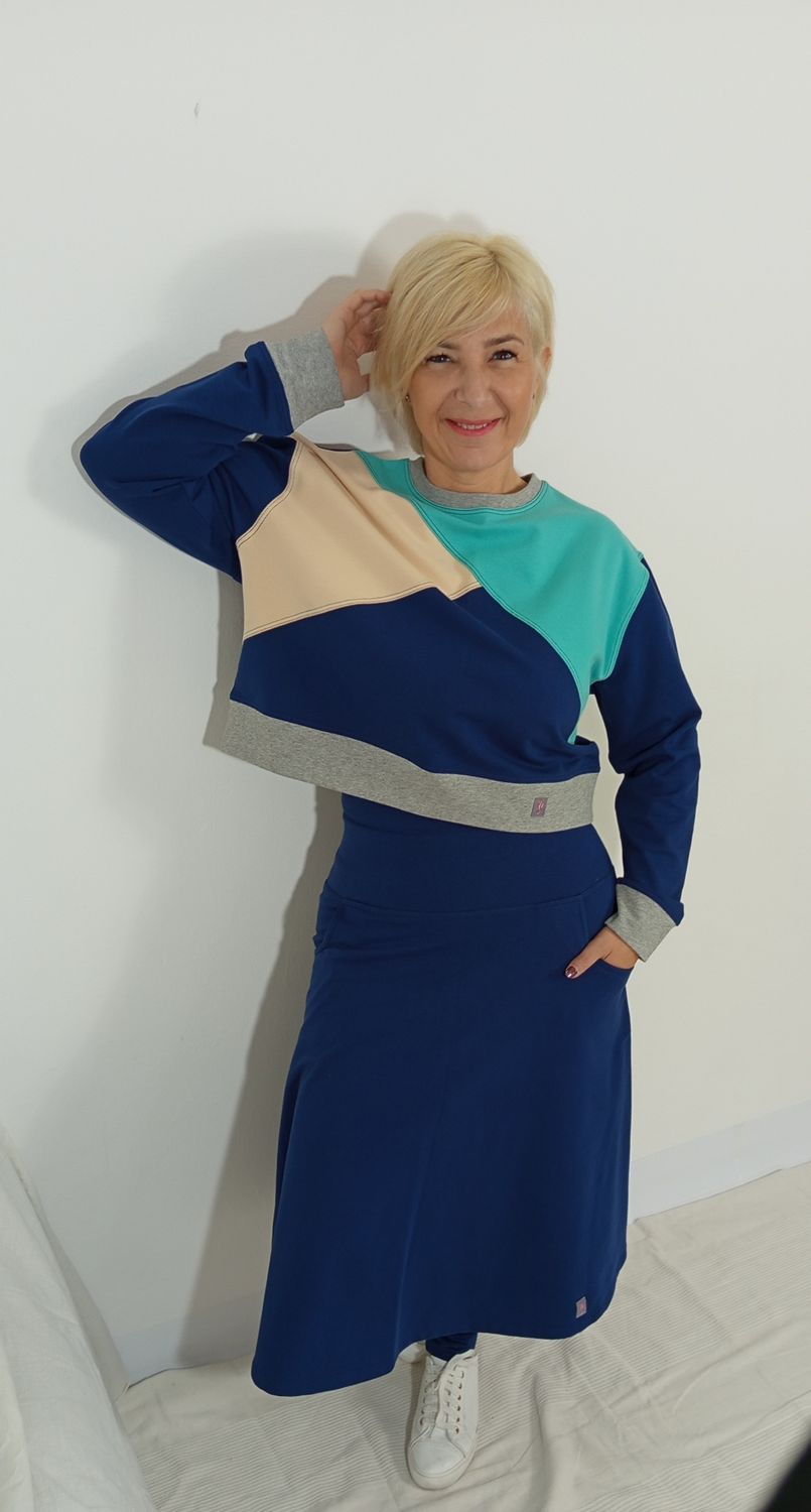 AIR pulóver - türkiz/bézs/sötétkék, szürke passzéval