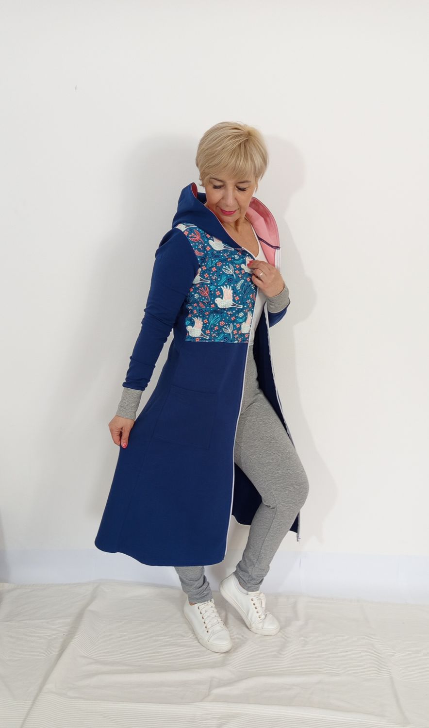 ONYX hosszú ujjú - sötétkék/rózsaszín/madár mintás