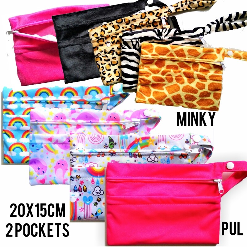 2 Zip Pocket Waterproof Wet/Dry Bag for Breast Pads or cloth nappy storage etc - Minky or Smooth PUL fabric (20cmx15cm)