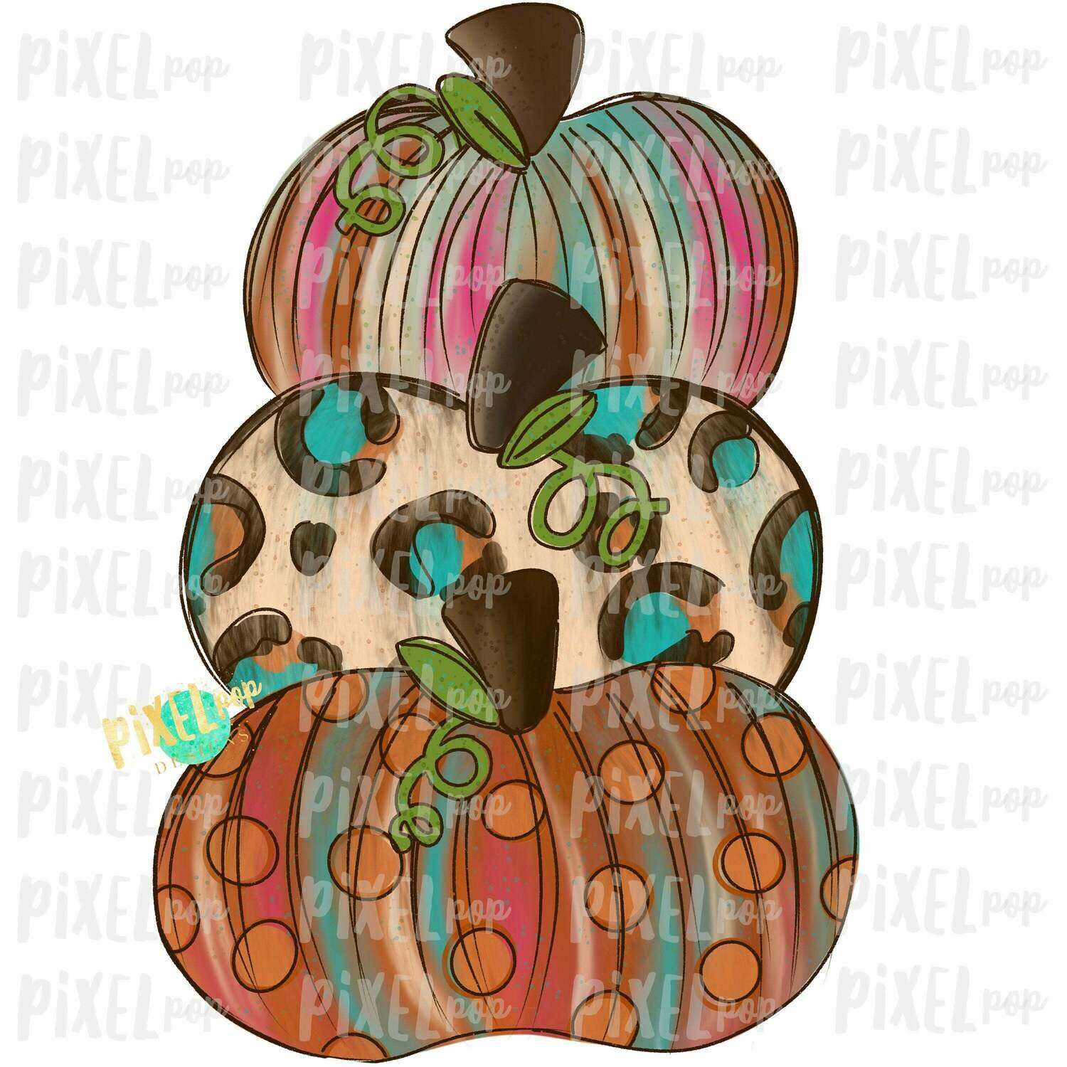Funky Stacked Pumpkins Pink Sublimation Design | Hand Drawn Design | Sublimation PNG | Digital Download | Printable Artwork | Art