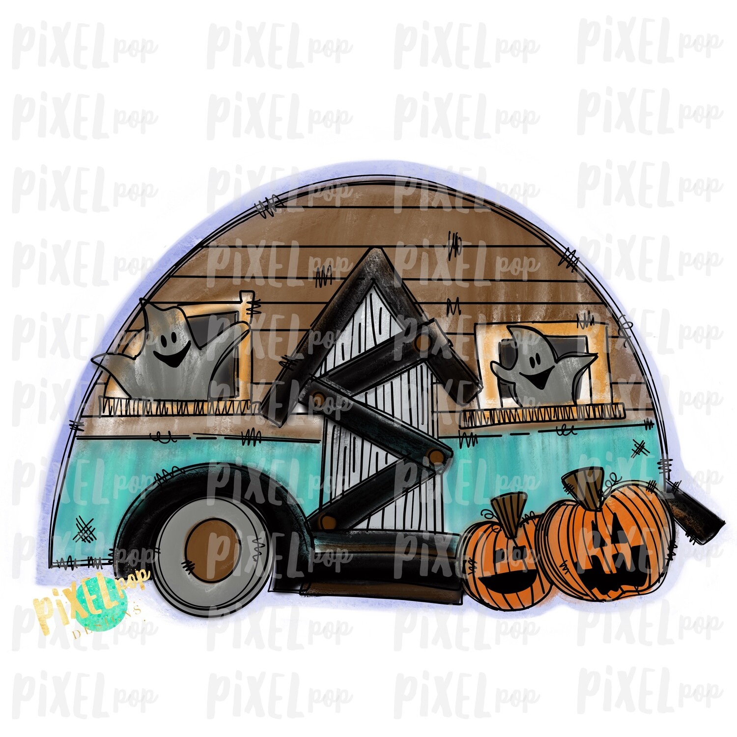 Haunted Ghost Camper Halloween Sublimation PNG | Hand Drawn Art Design | Sublimation PNG | Digital Download | Printable Artwork | Art