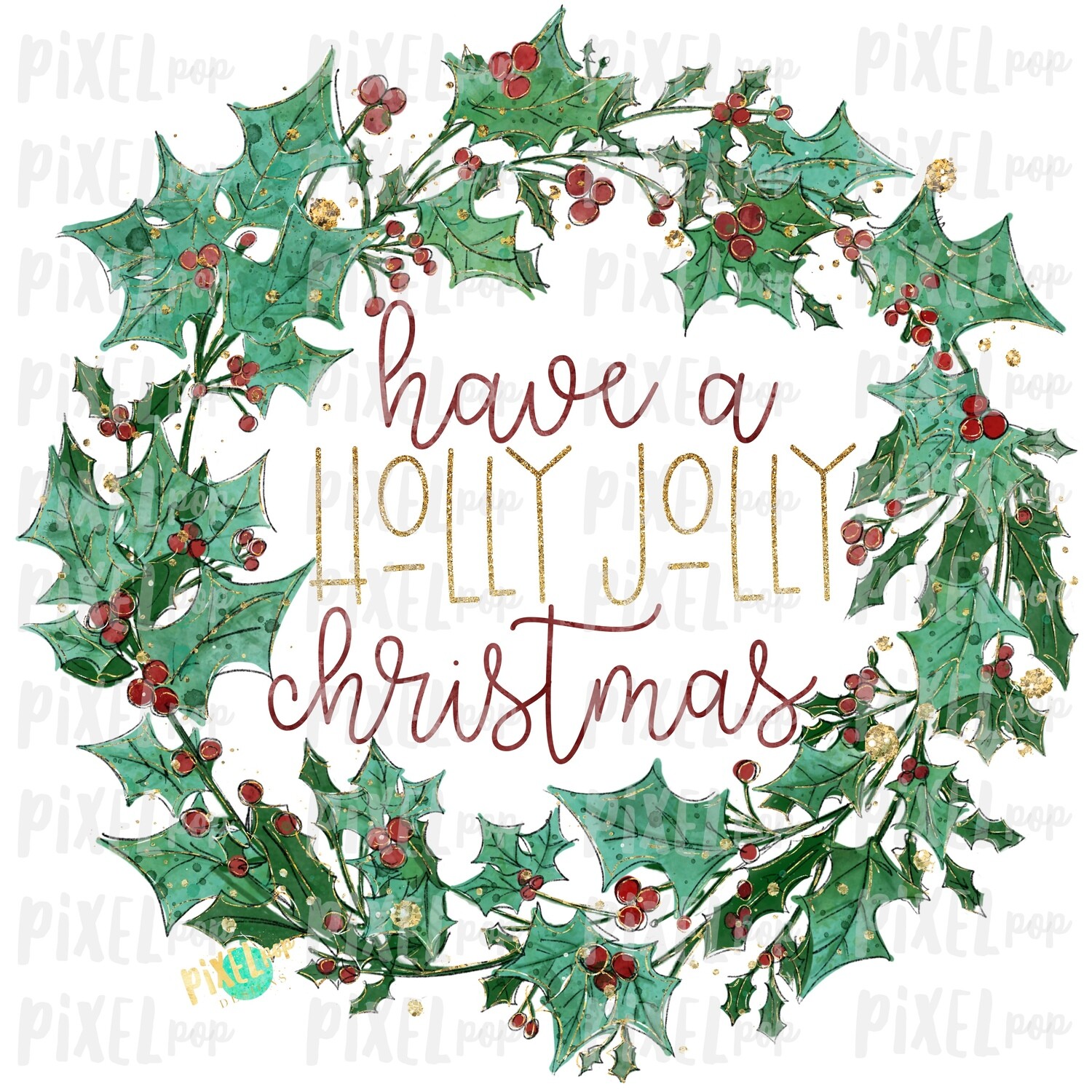 Glitter Wreath Holly Jolly Christmas Watercolor Sublimation PNG | Hand Painted | Sublimation | Digital Download | Printable Artwork | Art
