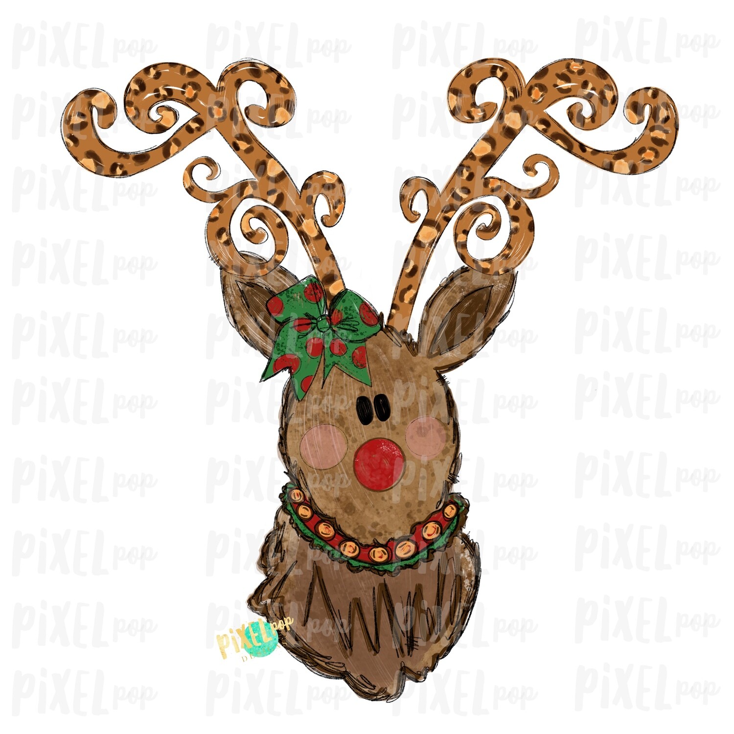 Reindeer Christmas Decorative Leopard Antlers with Bow (GIRL) Sublimation PNG | Reindeer Art | Digital Download | Printable Artwork | Clip Art