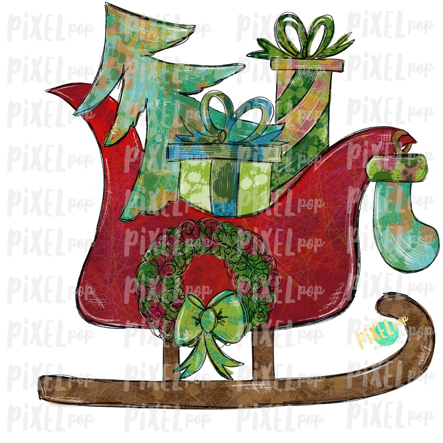 Distressed Santa Sleigh Christmas Sublimation PNG | Reindeer Sleigh | Sleigh Watercolor Christmas Art | Digital Download | Printable Artwork
