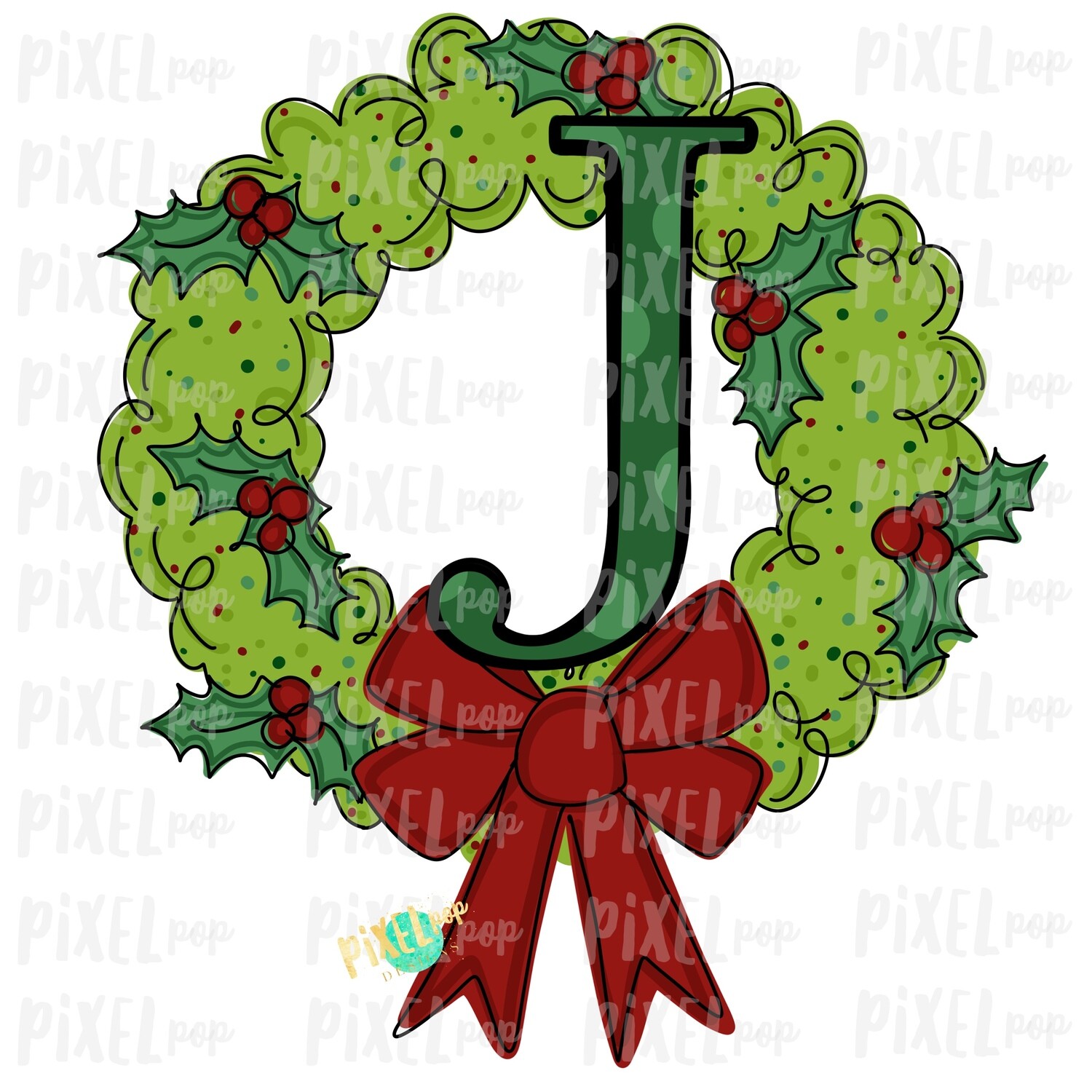 Whimsical Holly Wreath with J Monogram PNG | Christmas Sublimation | Hand Painted | Sublimation | Digital Download | Printable Artwork | Art