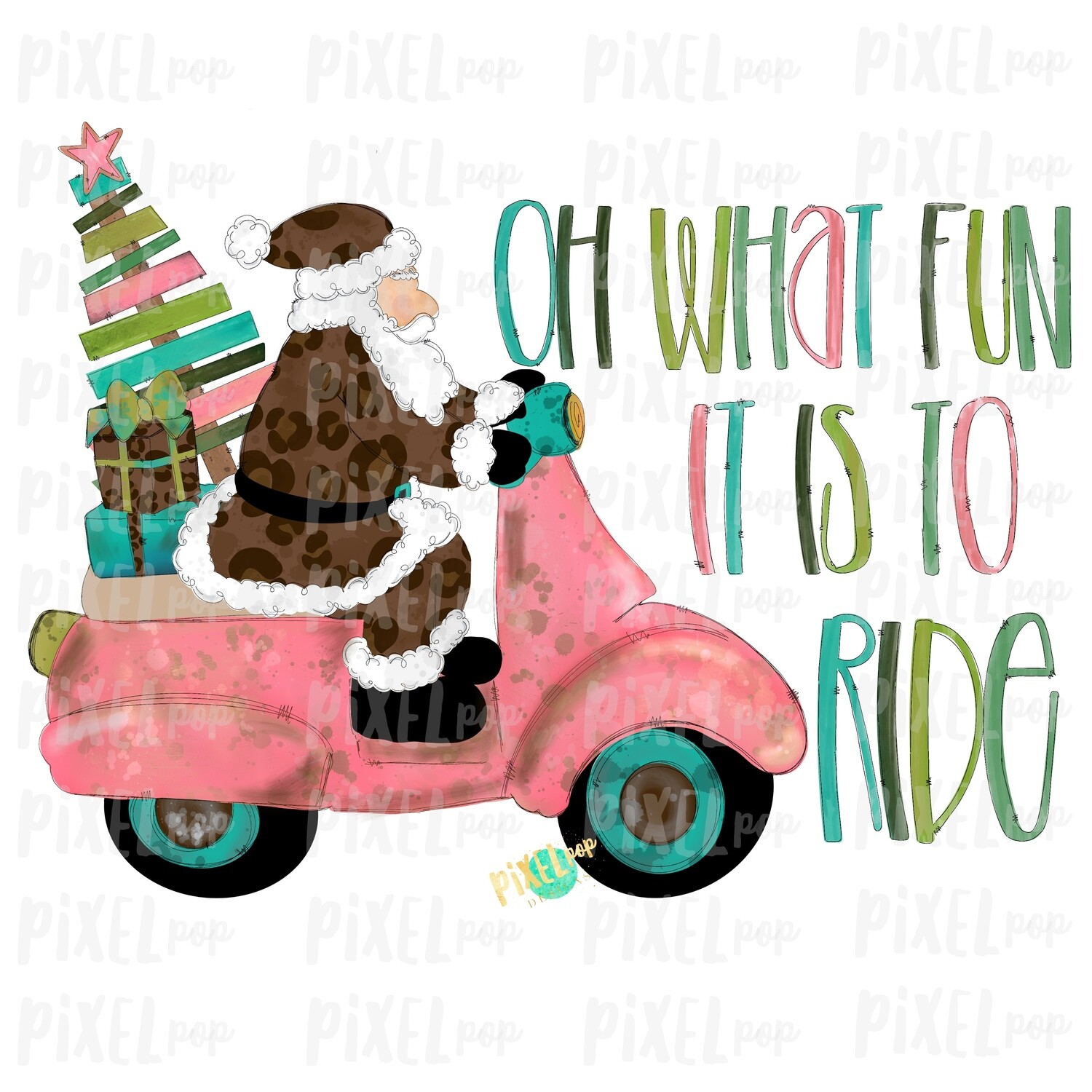 Oh What Fun it is to Ride Moped Santa Leopard Sublimation PNG | Hand Drawn Art Sublimation PNG | Digital Download | Printable Artwork | Art