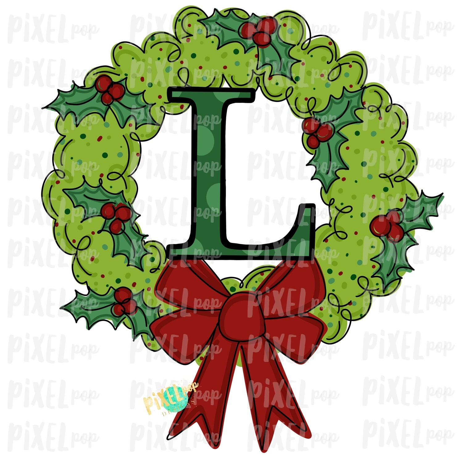 Whimsical Holly Wreath with L Monogram PNG | Christmas Sublimation | Hand Painted | Sublimation | Digital Download | Printable Artwork | Art