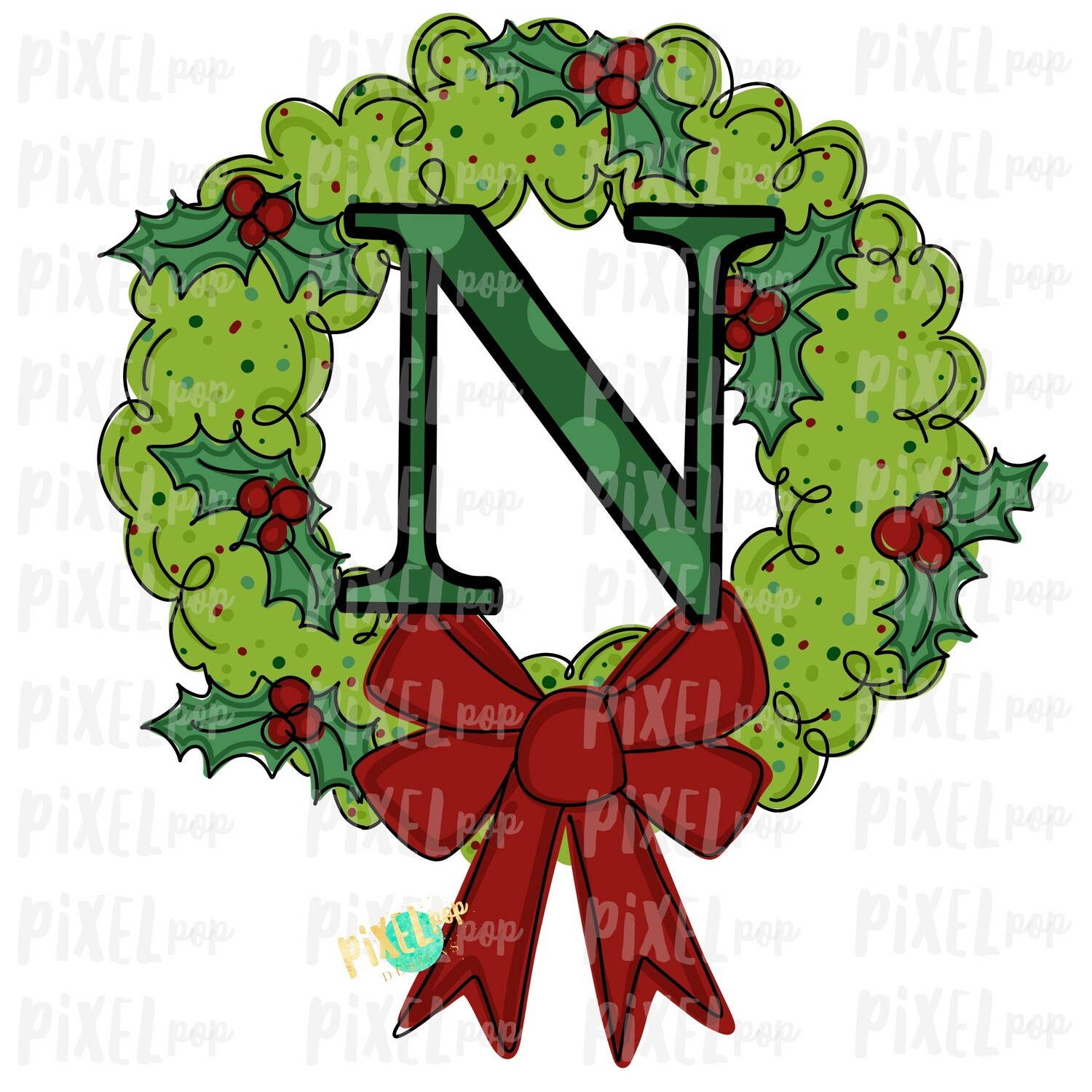 Whimsical Holly Wreath with N Monogram PNG | Christmas Sublimation | Hand Painted | Sublimation | Digital Download | Printable Artwork | Art