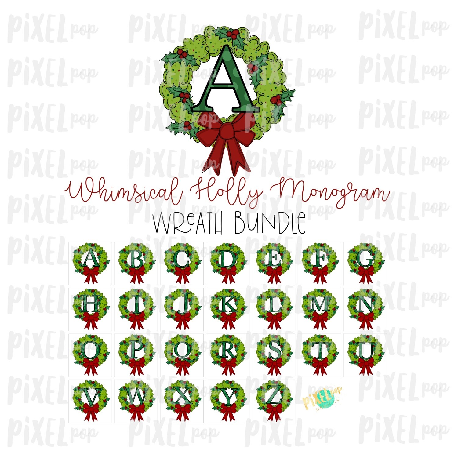 Whimsical Holly Monogram Wreath Bundle PNG Set | Christmas Sublimation | Hand Painted | Sublimation | Digital Download | Printable Artwork