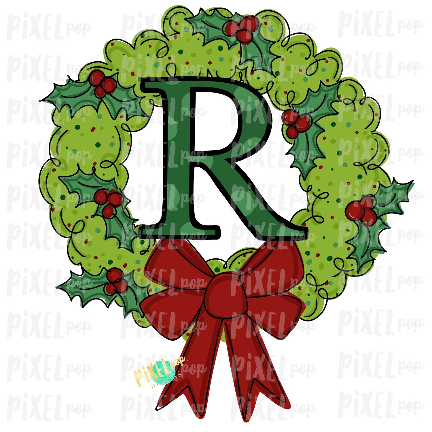 Whimsical Holly Wreath with R Monogram PNG | Christmas Sublimation | Hand Painted | Sublimation | Digital Download | Printable Artwork | Art