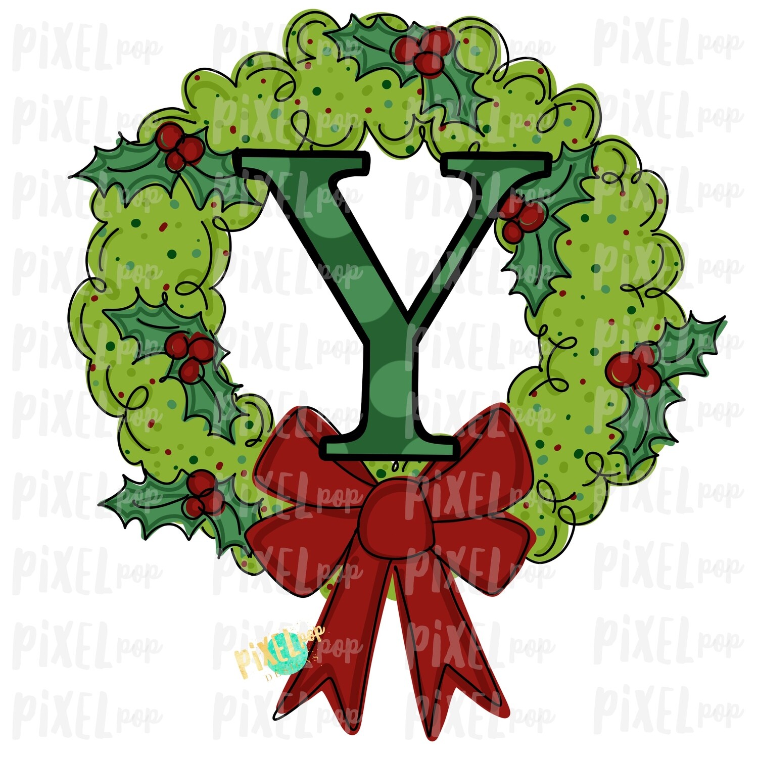 Whimsical Holly Wreath with Y Monogram PNG | Christmas Sublimation | Hand Painted | Sublimation | Digital Download | Printable Artwork | Art