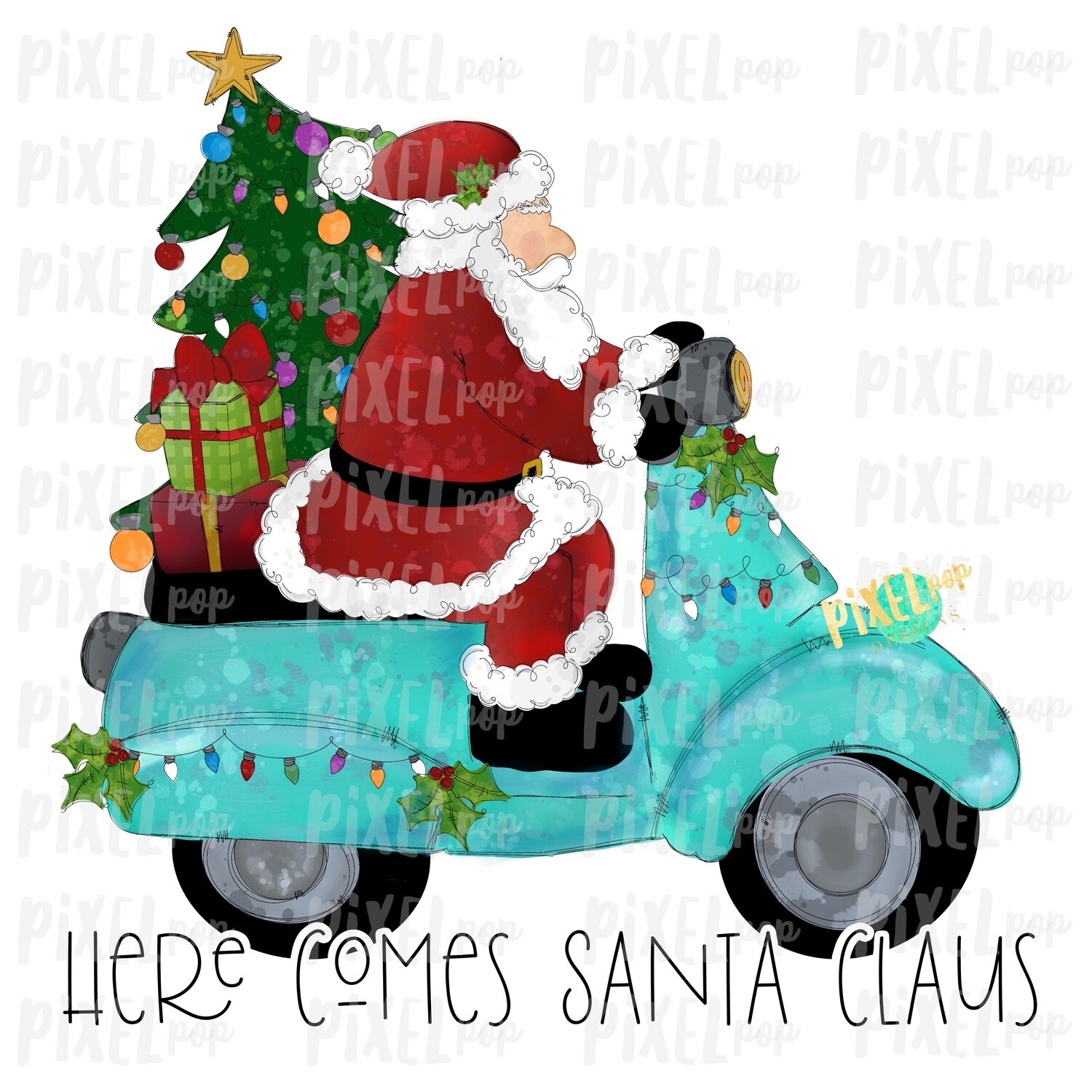 Here Comes Santa Claus Moped Sublimation PNG | Hand Drawn Art Sublimation PNG | Digital Download | Printable Artwork | Art