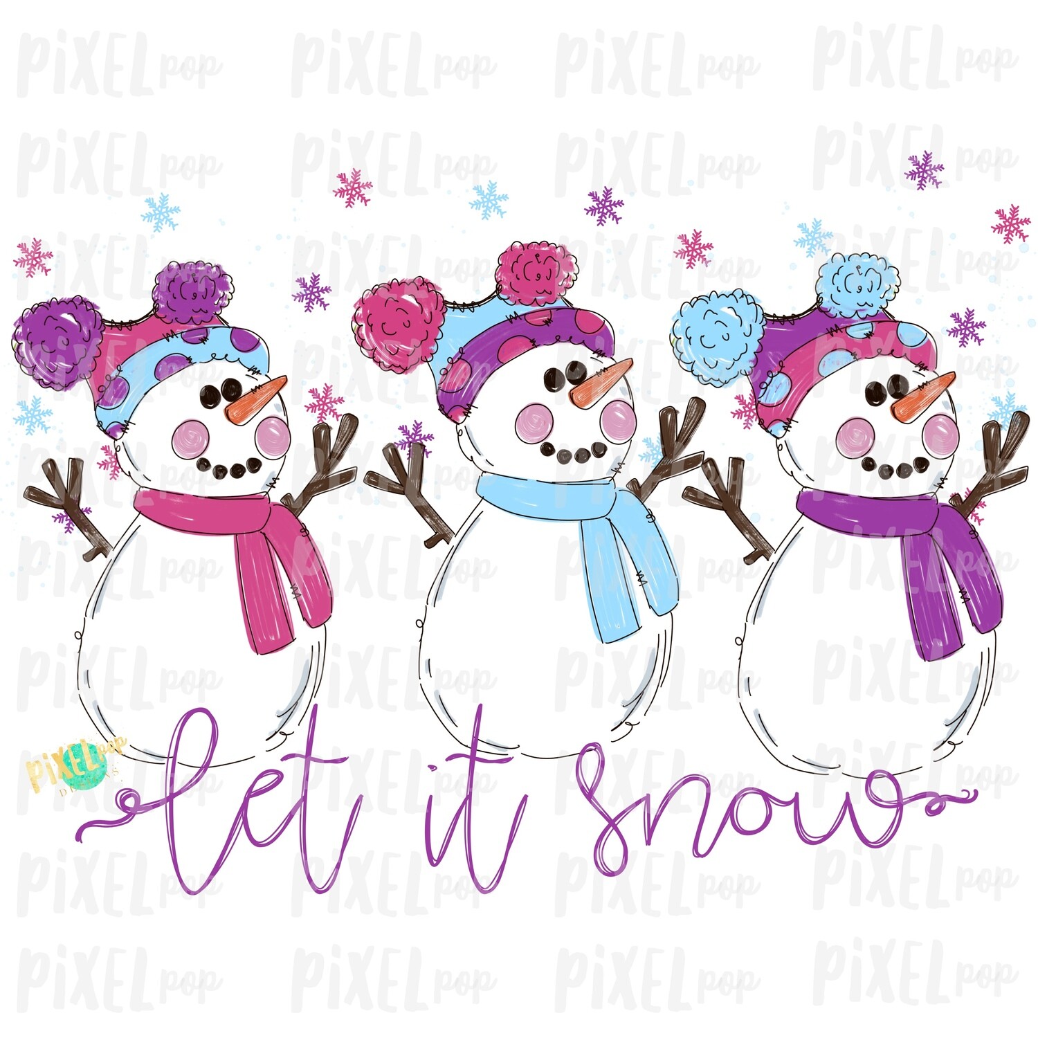Let it Snow Snowman Trio Pink & Purple Watercolor Sublimation PNG | Hand Drawn Design | Sublimation PNG | Digital Download | Printable Art