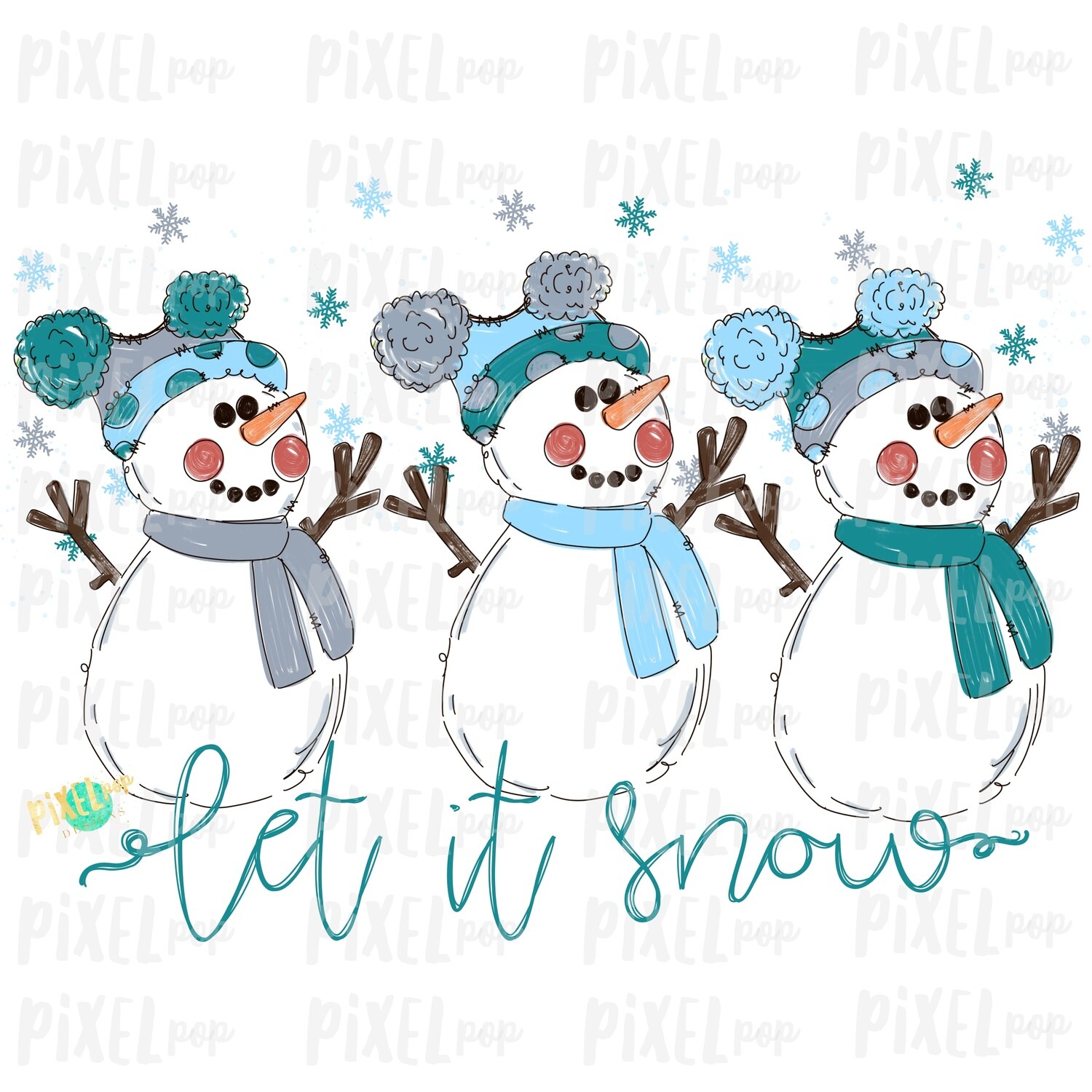 Let it Snow Snowman Trio Blues & Grey Watercolor Sublimation PNG | Hand Drawn Design | Sublimation PNG | Digital Download | Printable Art